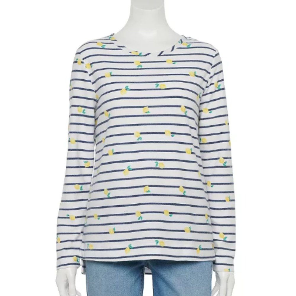 Women's Scoopneck Long Sleeve French Terry Sweatshirt - Stripe/Lemon